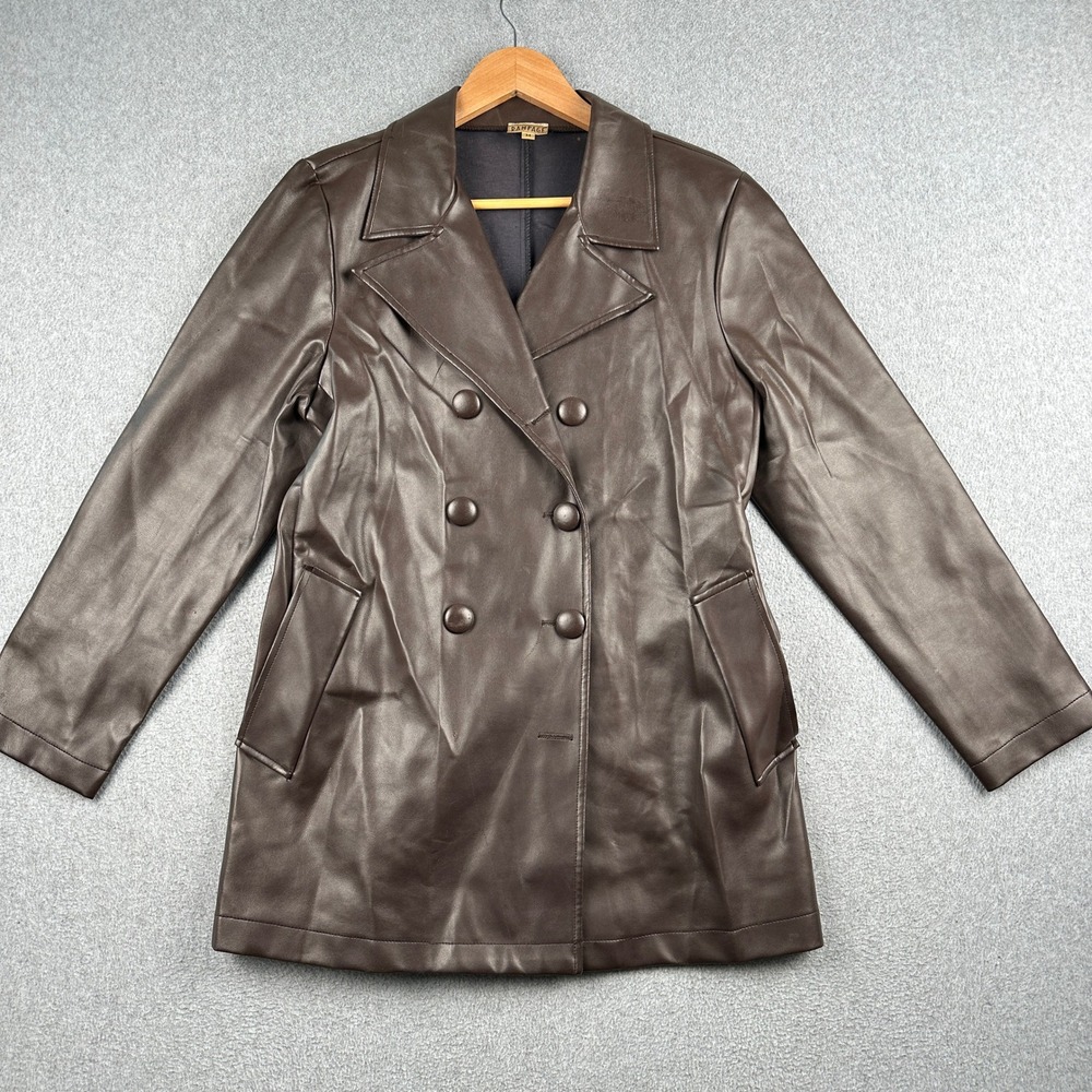 Vintage Rampage Jacket Womens M Brown Faux Leather Double Breast Peacoat Trench